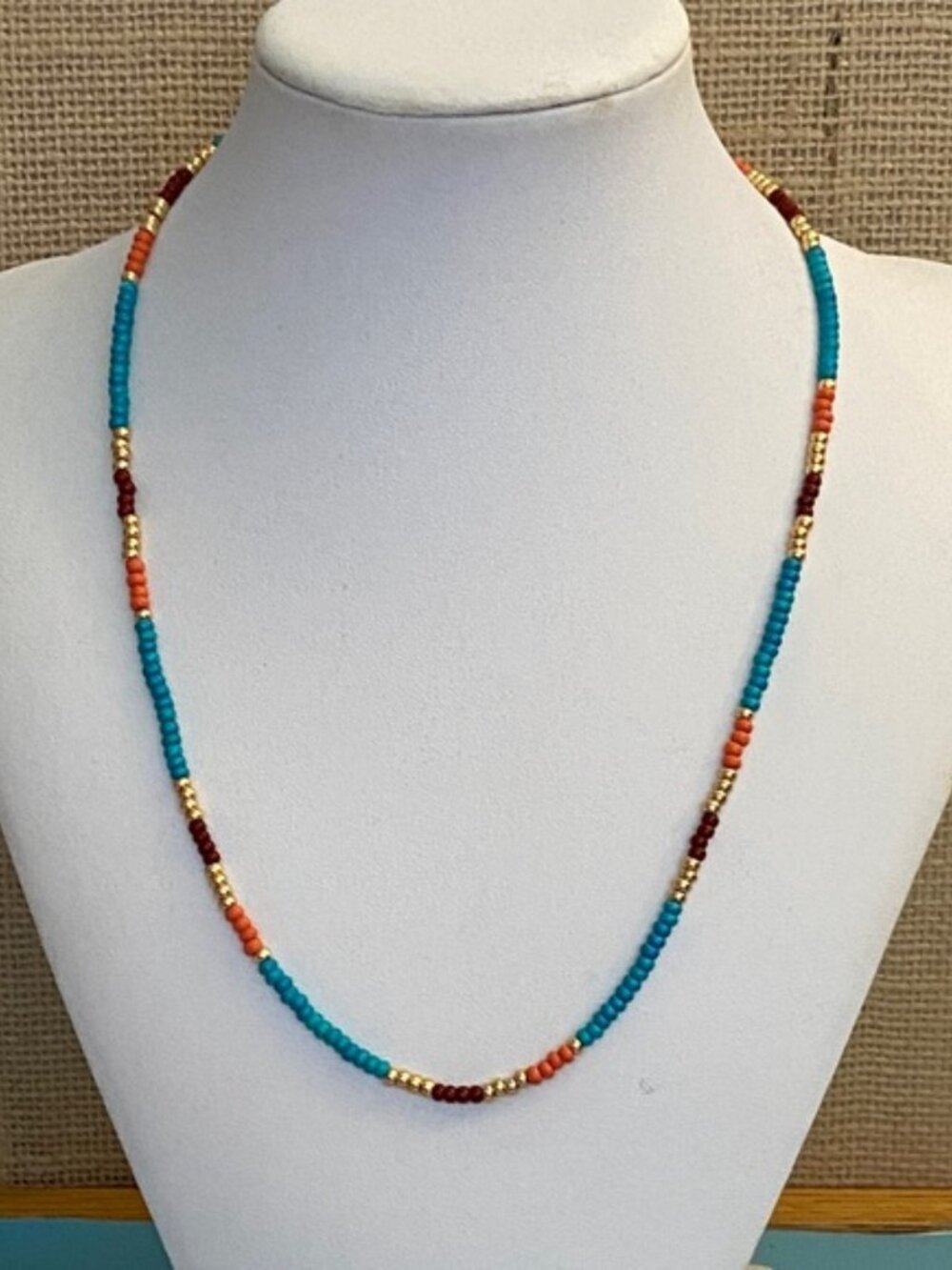 Turquoise Red Gold Beaded Necklace  18 inch  Boho Colorful Statement Jewelry